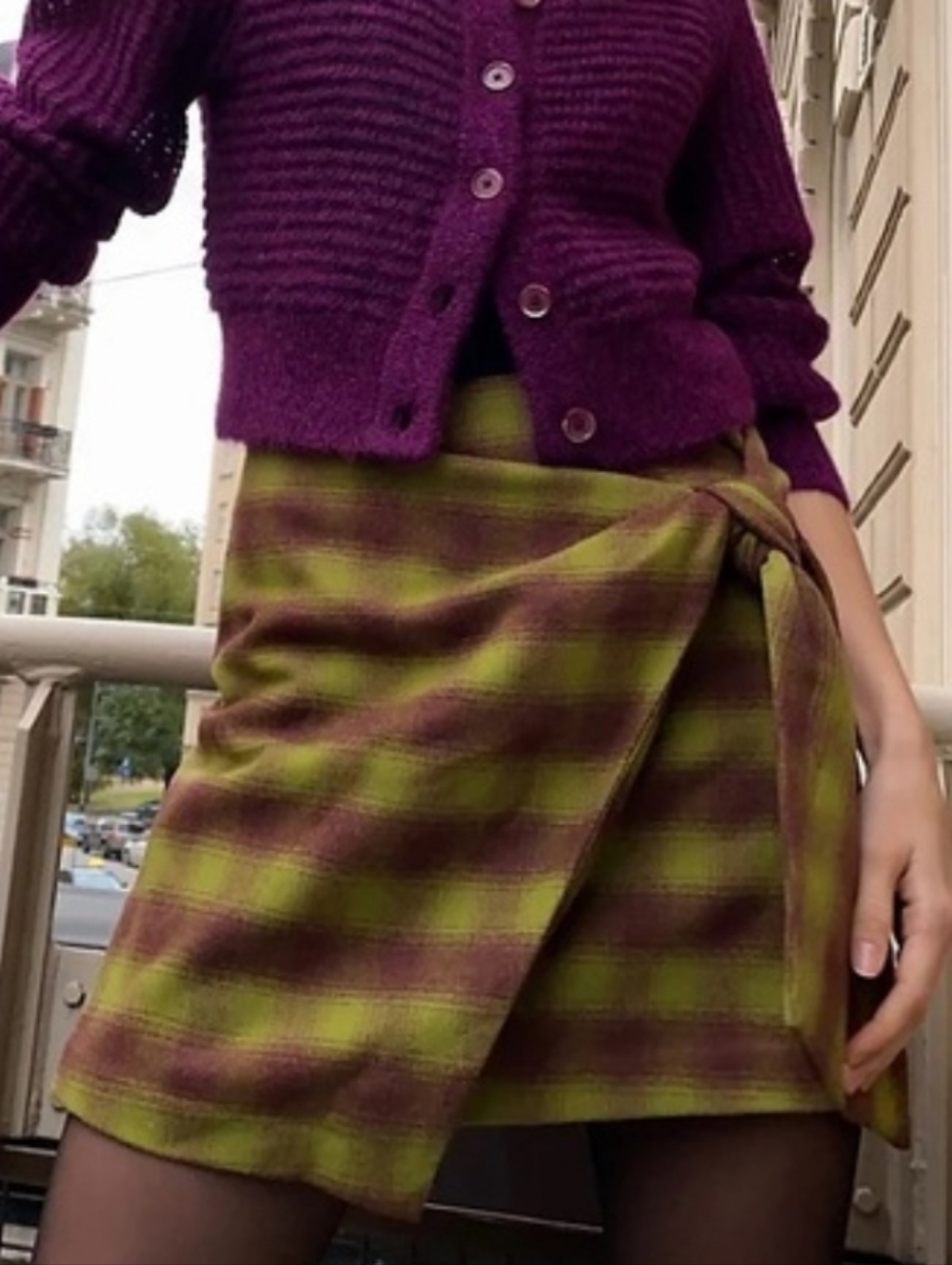 Wilfred Cashmere Wool Blend Olive Green Plaid Faux Wrap Skirt